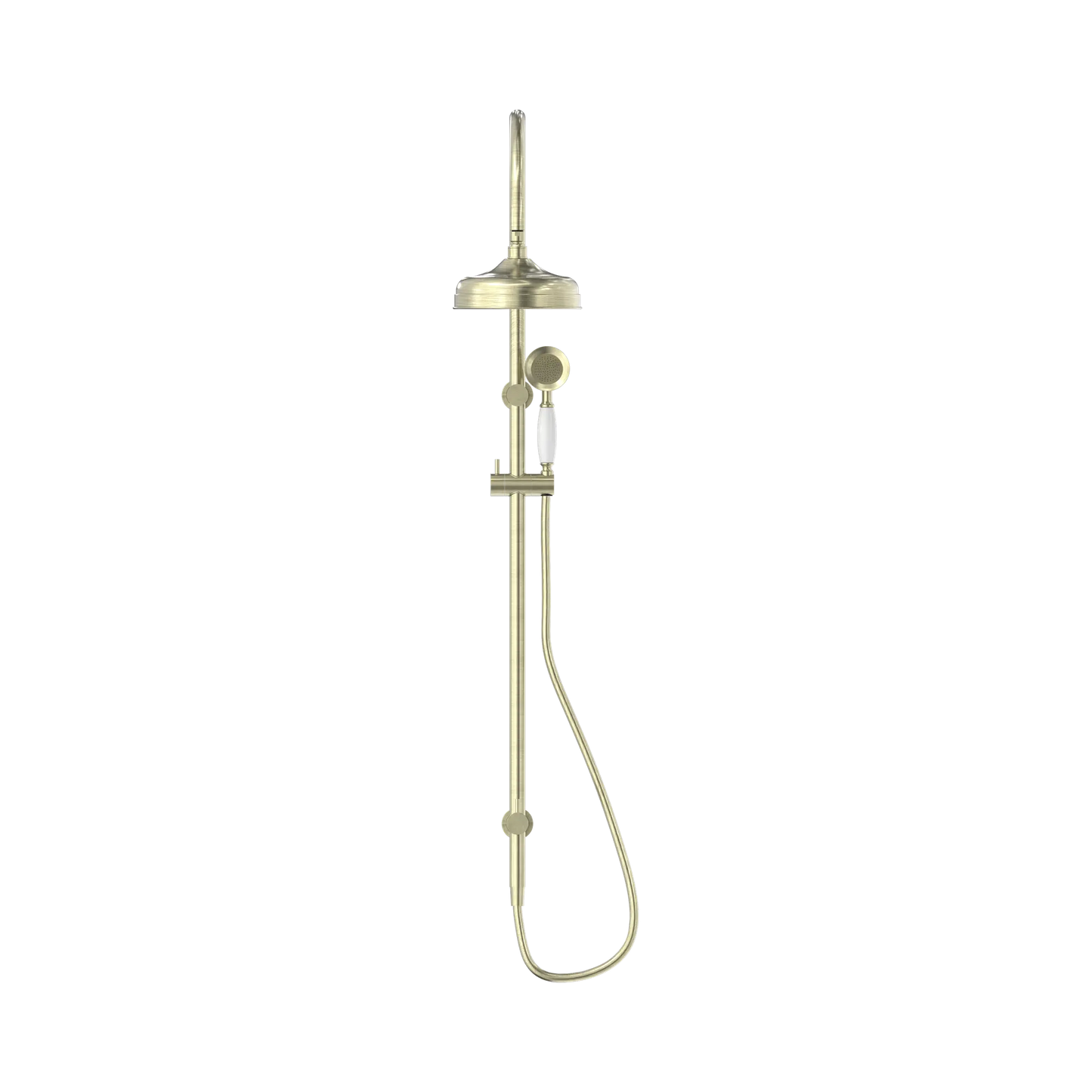 York Twin Shower With White Porcelain Hand Shower Aged Brass