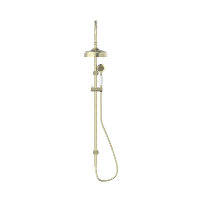 York Twin Shower With White Porcelain Hand Shower Aged Brass