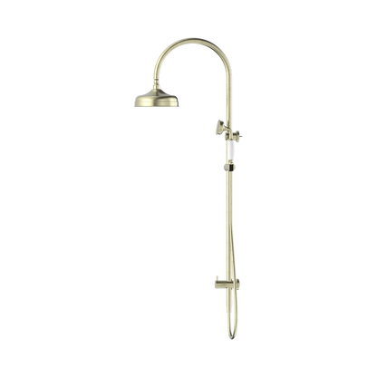 York Twin Shower With White Porcelain Hand Shower Aged Brass