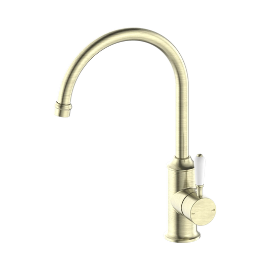 York Kitchen Mixer Gooseneck Spout With White Porcelain Lever Aged Brass