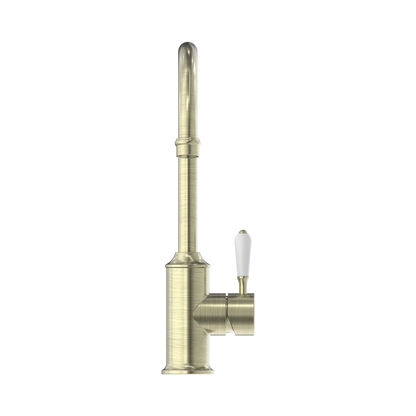 York Kitchen Mixer Gooseneck Spout With White Porcelain Lever Aged Brass