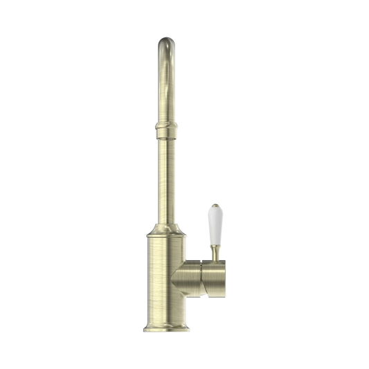 York Kitchen Mixer Gooseneck Spout With White Porcelain Lever Aged Brass