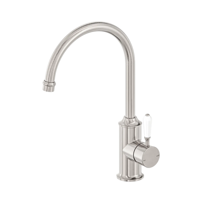 York Kitchen Mixer Gooseneck Spout With White Porcelain Lever Brushed Nickel