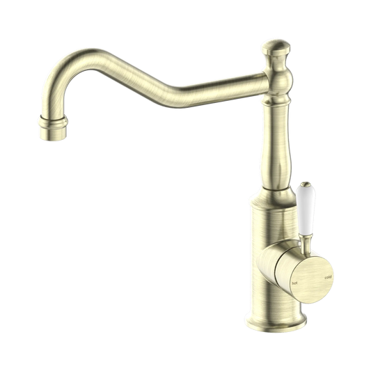 York Kitchen Mixer Hook Spout With White Porcelain Lever Aged Brass