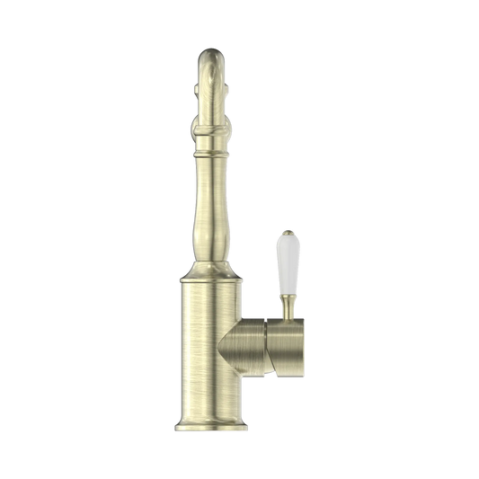 York Kitchen Mixer Hook Spout With White Porcelain Lever Aged Brass