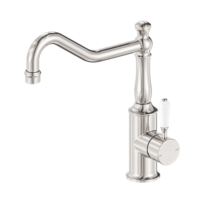 York Kitchen Mixer Hook Spout With White Porcelain Lever Brushed Nickel
