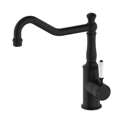 York Kitchen Mixer Hook Spout With White Porcelain Lever Matte Black