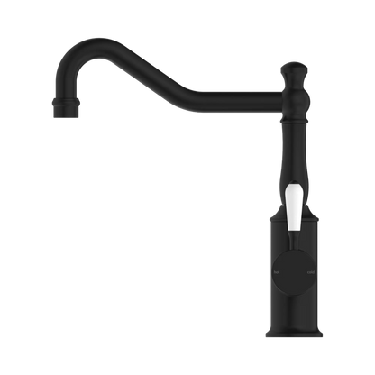 York Kitchen Mixer Hook Spout With White Porcelain Lever Matte Black