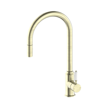 York Pull Out Sink Mixer With Vegie Spray Function With White Porcelain Lever Aged Brass