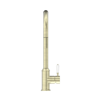 York Pull Out Sink Mixer With Vegie Spray Function With White Porcelain Lever Aged Brass