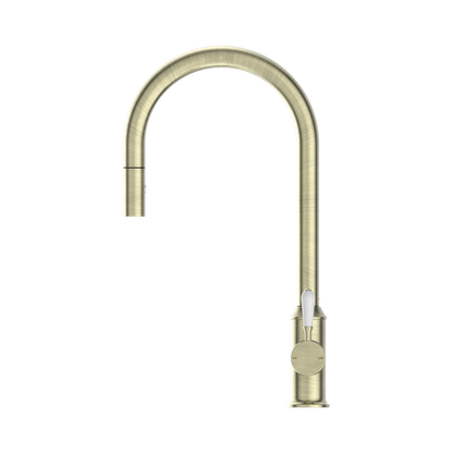 York Pull Out Sink Mixer With Vegie Spray Function With White Porcelain Lever Aged Brass