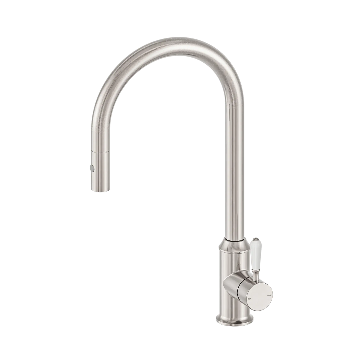 York Pull Out Sink Mixer With Vegie Spray Function With White Porcelain Lever Brushed Nickel