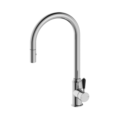 York Pull Out Sink Mixer With Vegie Spray Function With Black Porcelain Lever Chrome