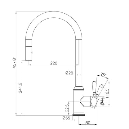 York Pull Out Sink Mixer With Vegie Spray Function With Black Porcelain Lever Chrome