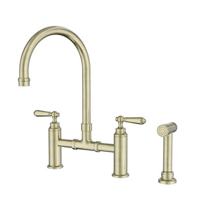 Nero York Bridge Kitchen Mixer Set With Pull Out Hand Spray Aged Brass