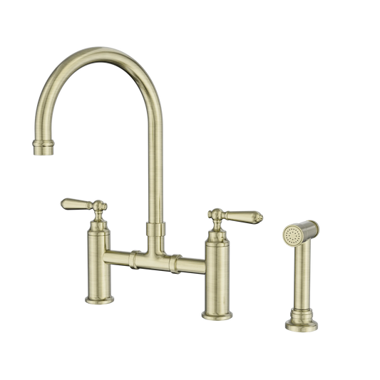 Nero York Bridge Kitchen Mixer Set With Pull Out Hand Spray Aged Brass