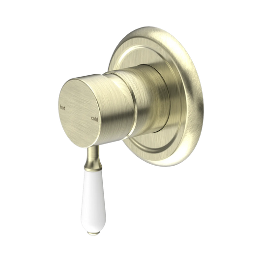 York Shower Mixer With White Porcelain Lever Aged Brass
