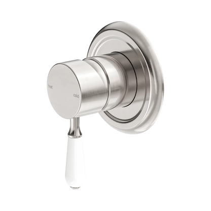 Nero York Shower Mixer With White Porcelain Lever Brushed Nickel