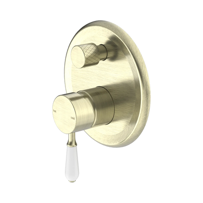 York Shower Mixer With Diverter With White Porcelain Lever Aged Brass