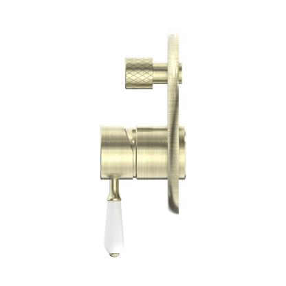 York Shower Mixer With Diverter With White Porcelain Lever Aged Brass