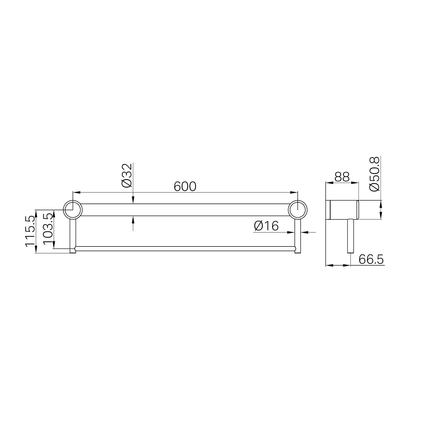 Mecca Care 32mm Grab Rail With Towel Holder 600mm Matte Black