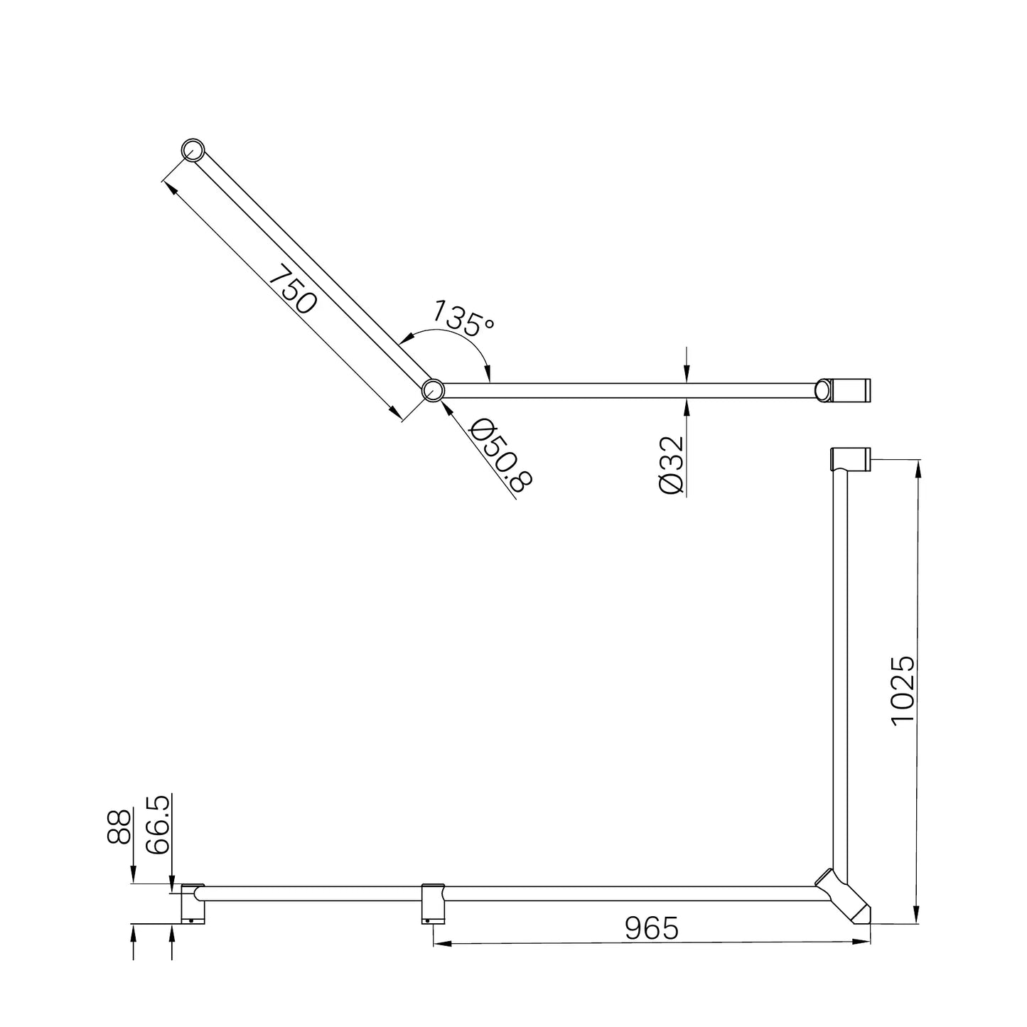 Mecca Care 32mm DDA Accessible Toilet Grab Rail Set 45 Degree Continuous 750X965X1025mm Brushed Nickel