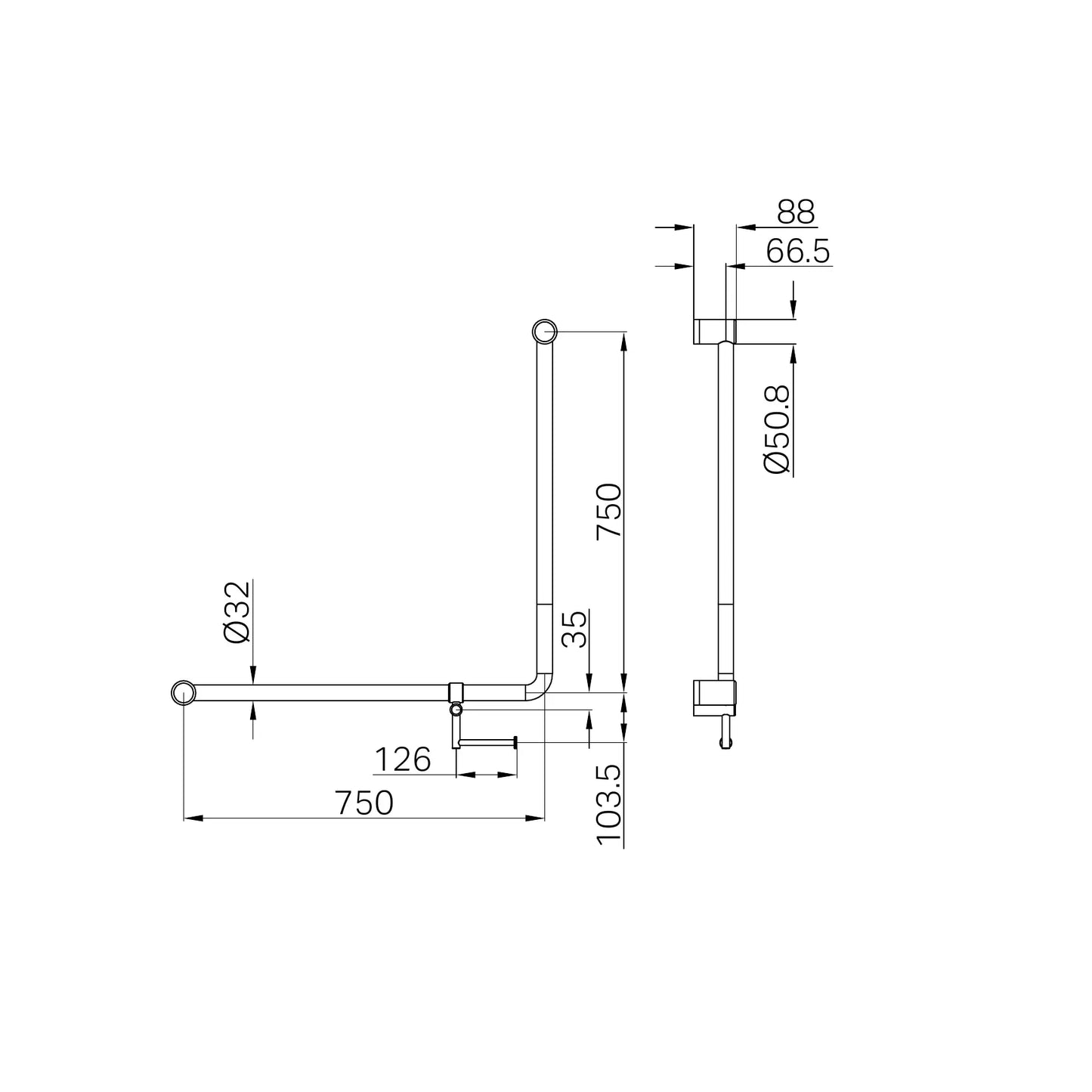 Mecca Care 32mm 90 Degree NZ4121 Accessible Toilet Grab Rail 750X750mm With Toilet Roll Holder Matte Black