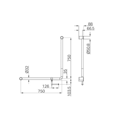 Mecca Care 32mm 90 Degree NZ4121 Accessible Toilet Grab Rail 750X750mm With Toilet Roll Holder Matte Black