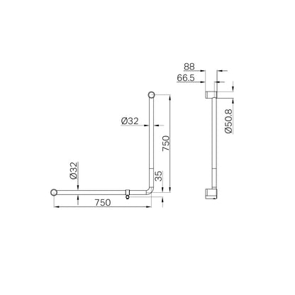 Mecca Care 32mm 90 Degree NZ4121 Accessible Toilet Grab Rail 750X750mm Brushed Gold