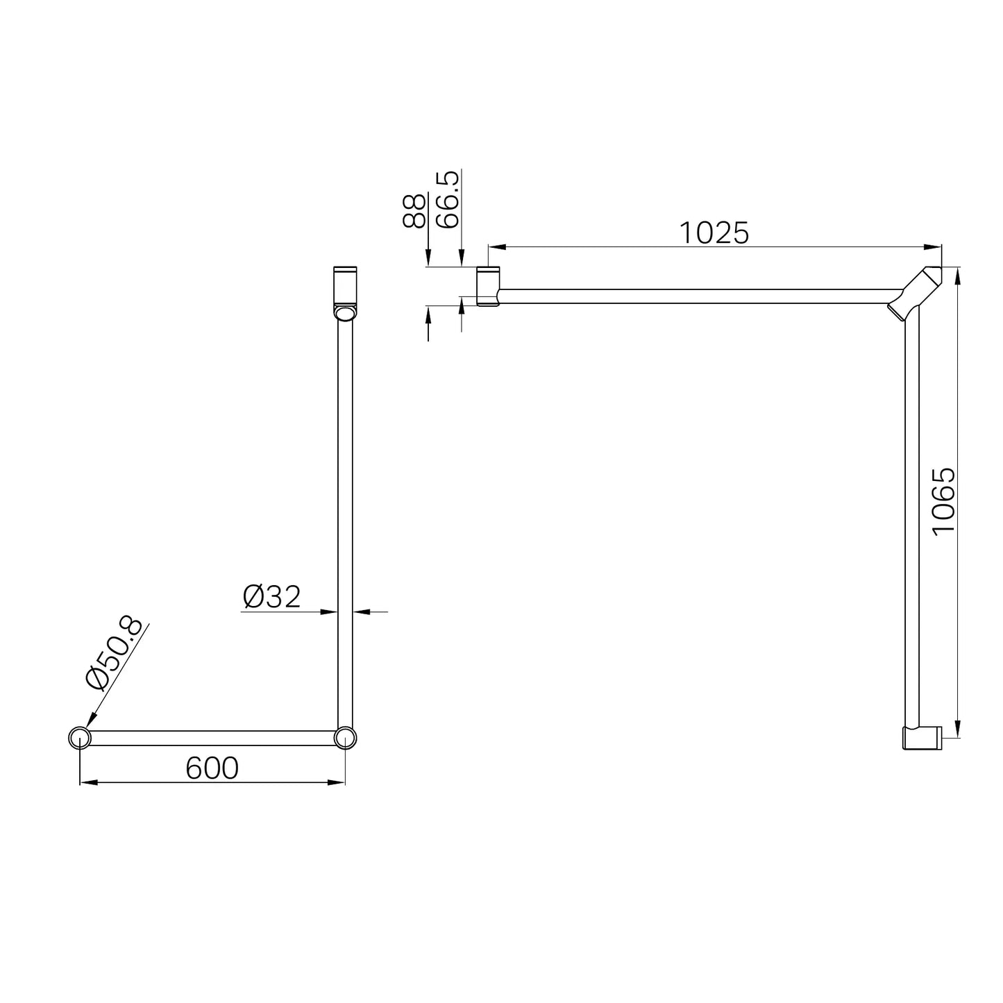 Mecca Care 32mm DDA Accessible Toilet Grab Rail Set 90 Degree Continuous 600X1065X1025mm Matte Black