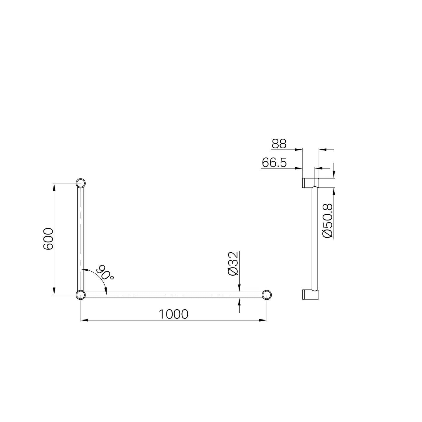 Mecca Care 32mm DDA Accessible Toilet Grab Rail Set 90 Degree 600X1000mm Brushed Nickel