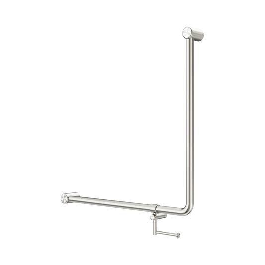 Mecca Care 32mm 90 Degree NZ4121 Accessible Toilet Grab Rail 750X750mm With Toilet Roll Holder Brushed Nickel