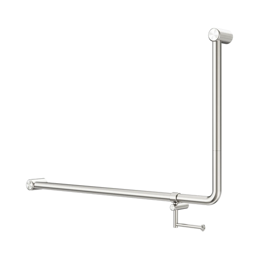 Mecca Care 32mm DDA Accessible Toilet 90 Degree Bent Tube Grab Rail 600X1000mm With Toilet Roll Holder Brushed Nickel