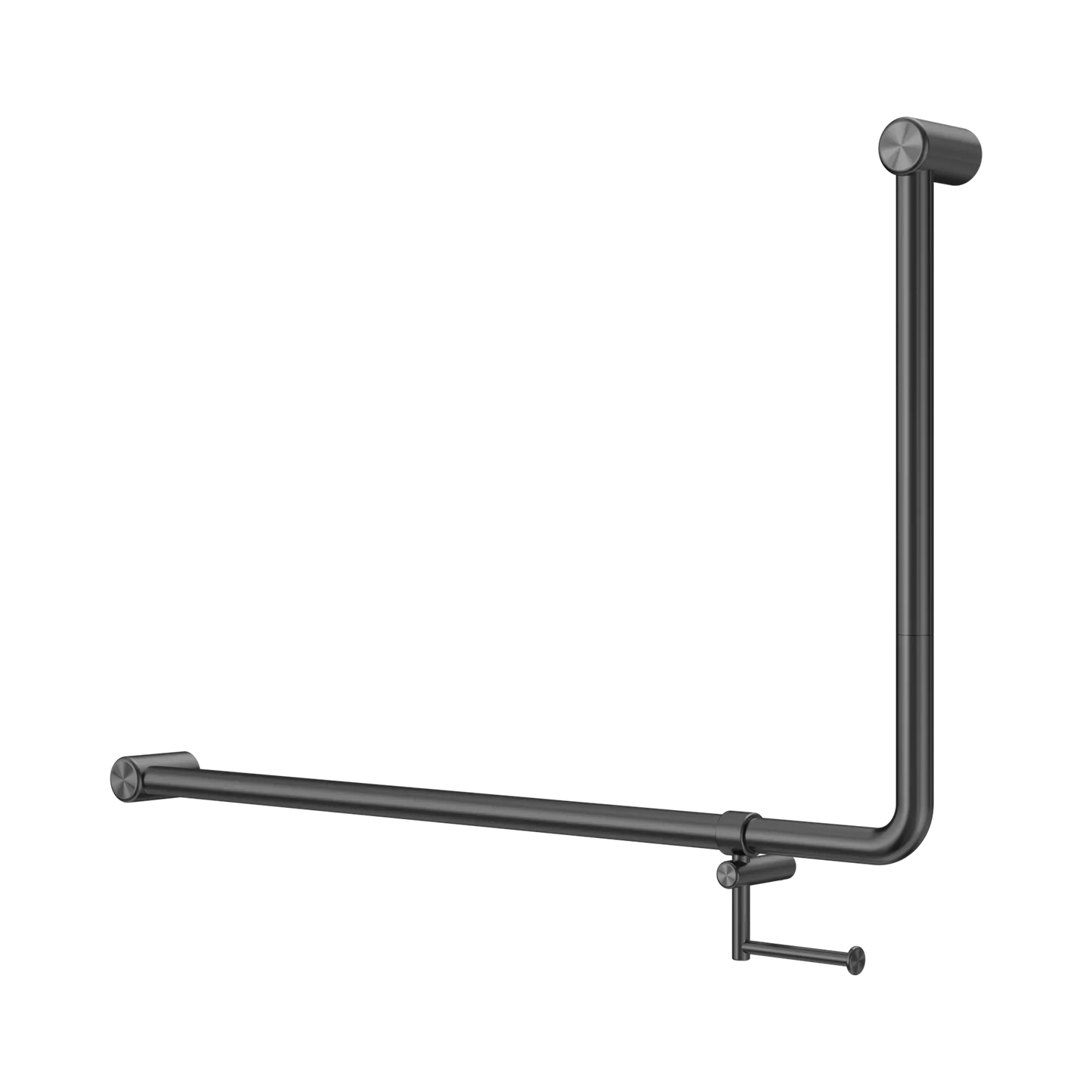 Mecca Care 32mm DDA Accessible Toilet 90 Degree Bent Tube Grab Rail 600X1000mm With Toilet Roll Holder Gun Metal