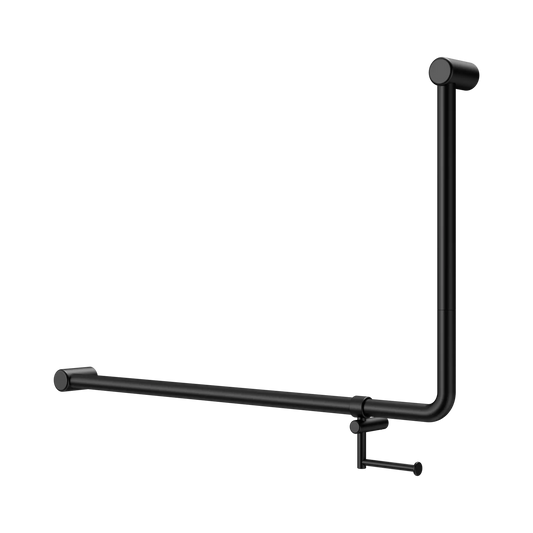 Mecca Care 32mm DDA Accessible Toilet 90 Degree Bent Tube Grab Rail 600X1000mm With Toilet Roll Holder Matte Black