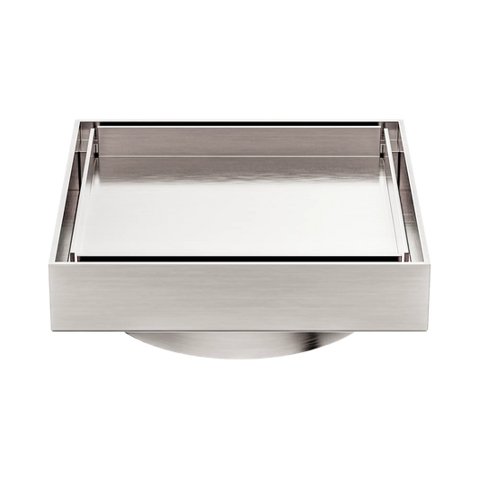 130mm Square Tile Insert Floor Waste 100mm Outlet Brushed Nickel