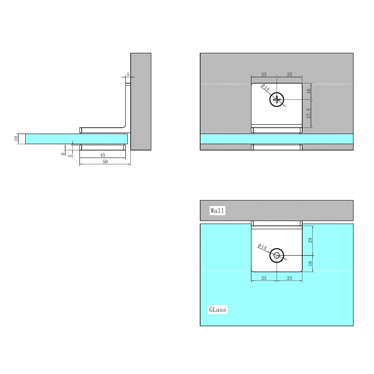 90 Degree Glass To Wall Bracket 10mm Glass Gun Metal