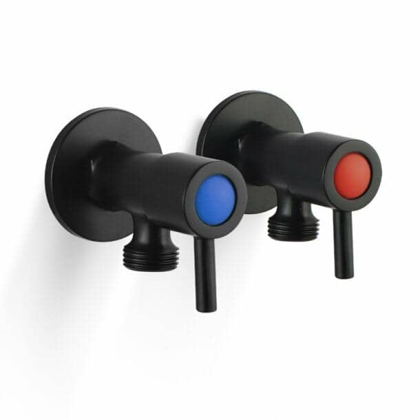 Round Black Brass 1/4 Turn Washing Machine Stop Tap Wall Mounted (one pair)