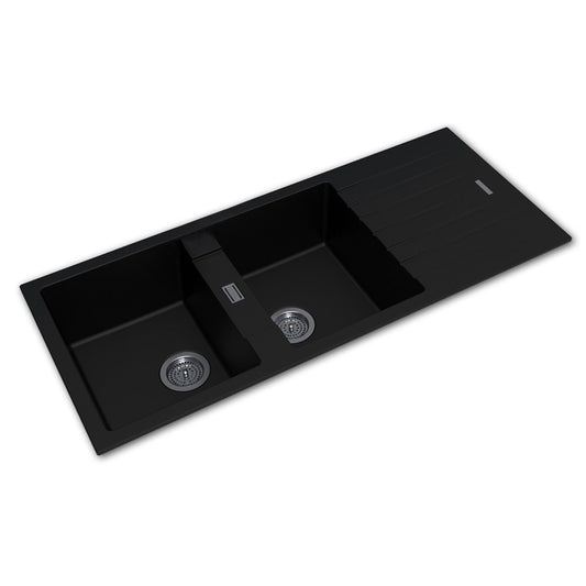 Black Arete Stone Granite Double Bowl with Drain Board Stone Kitchen Sink 1160*500*200mm