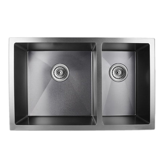 Round Corner Dark Grey Stainless Steel Handmade 1 and 1/2 Bowl Kitchen Sink 710*450*205mm