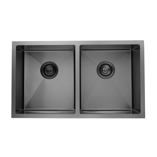 Round Corner Dark Grey Stainless Steel Handmade Double Bowl Kitchen Sink 770*450*215mm(with dark grey waste)