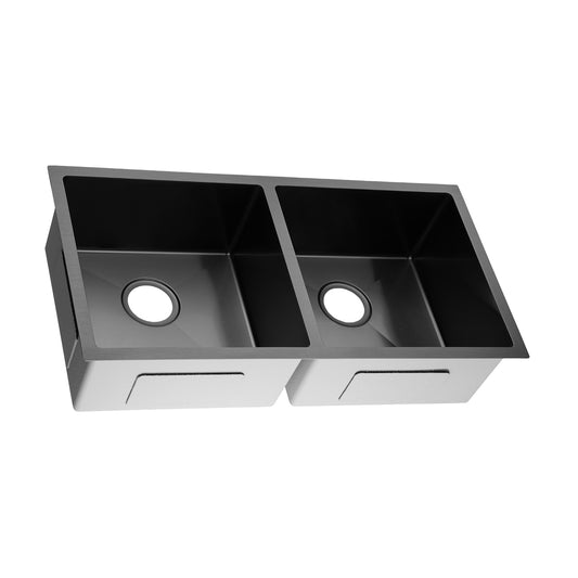 Round Corner Dark Grey Stainless Steel Handmade Double Bowl Kitchen Sink 865*440*200mm(with dark grey waste)