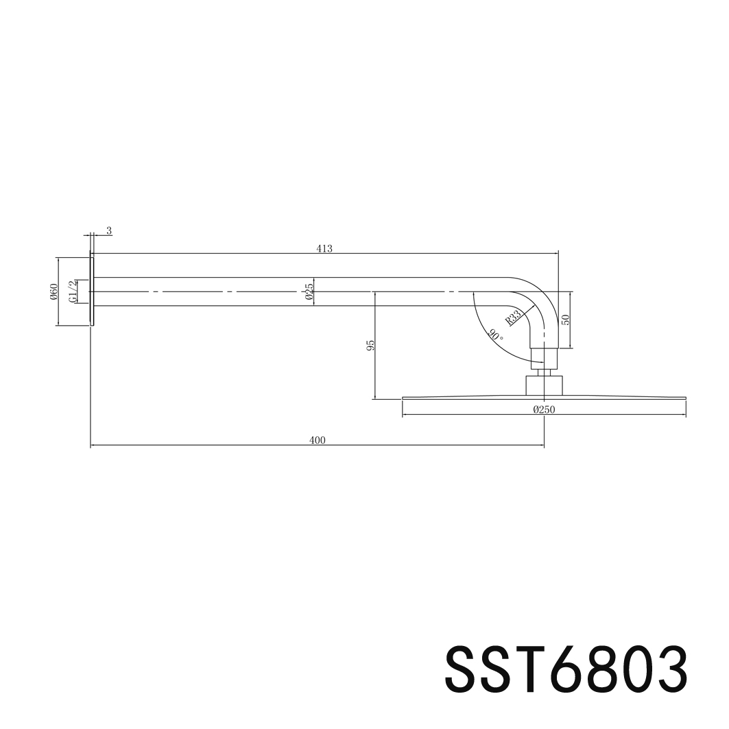 Elle 316 250mm Overhead Shower with 400mm Arm - Brushed Gold
