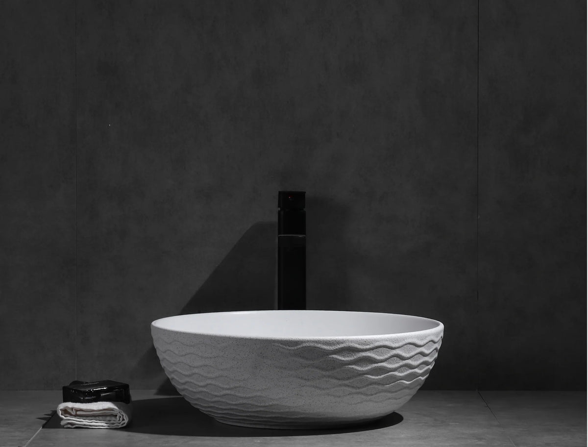 395*395*120mm Polar Textured Exterior Finish with Water Ripes & Matte White Interior Finish Above Counter Basin
