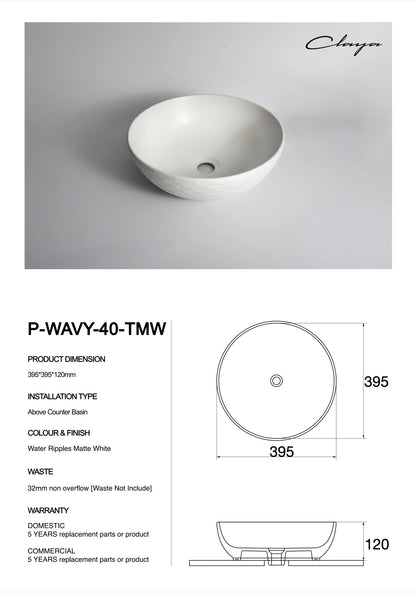 395*395*120mm Polar Textured Exterior Finish with Water Ripes & Matte White Interior Finish Above Counter Basin