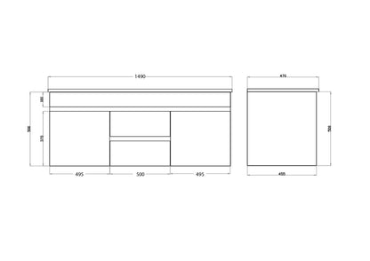 1500mm Polar Wall Hung Vanity PVC - Cabinet Only - Double Bowl - Gloss White