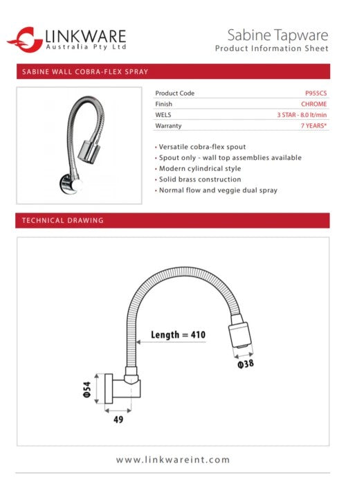Sabine Cobra-Flex Wall Spout with Vegetable Spray - Chrome