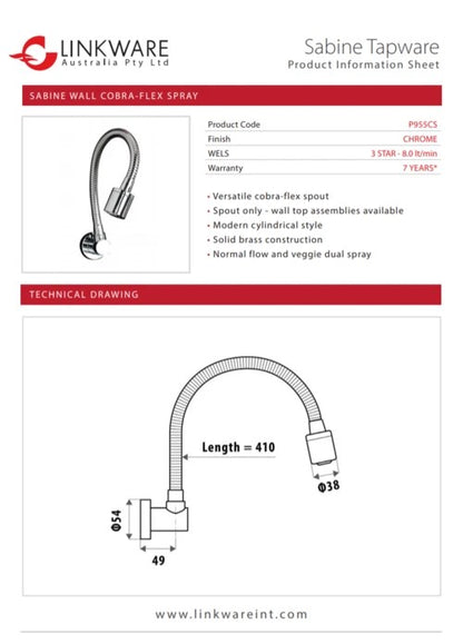 Sabine Cobra-Flex Wall Spout with Vegetable Spray - Chrome