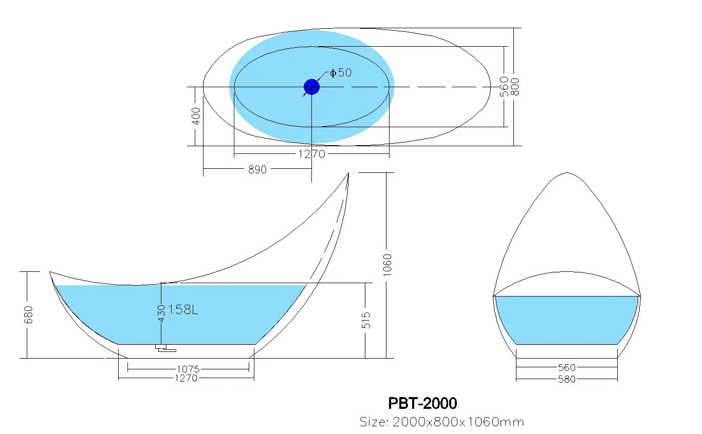 2000mm Freestanding Bathtub - Overflow - Gloss White