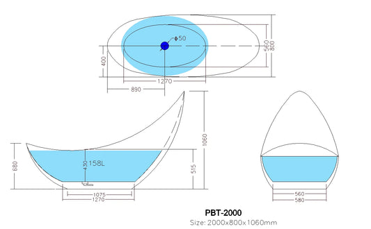 2000mm Freestanding Bathtub - Overflow - Gloss White